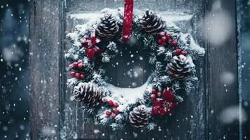 Festive winter wreath adorned with snow on a wooden door. photo