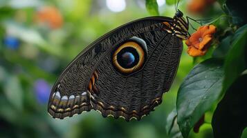 Close-up view of a dark-winged butterfly on a flower. photo