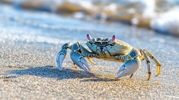 Close-up of a crab on sandy beach near waves. photo