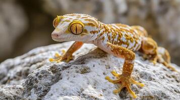 Close-up of a colorful gecko on a rock. photo