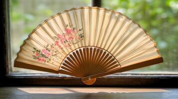 Ornate paper fan resting on windowsill. photo