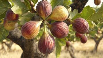 Close-up of ripening figs on a tree branch. photo