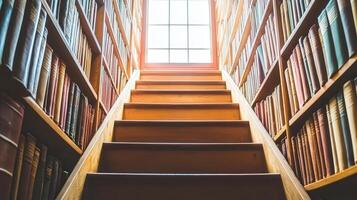 Wooden staircase ascending through a vast library filled with books. photo