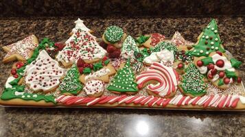 Festive Christmas cookies arranged on a large platter. photo