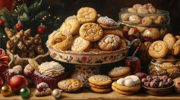 Festive Christmas cookies displayed in a decorative dish. photo