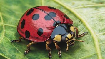 A ladybug with black spots on its back is sitting on a leaf photo