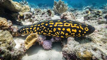 Underwater view of a unique, spotted fish resting on a coral reef. photo