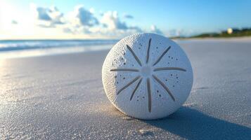 White sea urchin shell resting on a sandy beach. photo