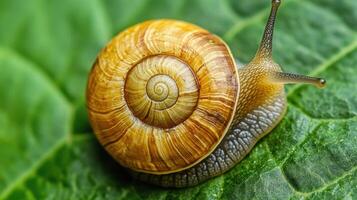 Close-up of a snail on a vibrant green leaf. photo