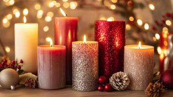 Group of decorative candles in warm holiday colors. photo