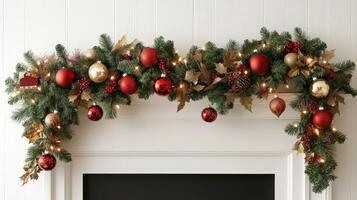 Festive christmas garland adorns a white fireplace mantel. photo