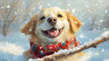 A joyful golden retriever portrait in a snowy scene. photo