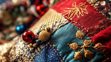 Close-up view of richly colored, intricately stitched textile. photo