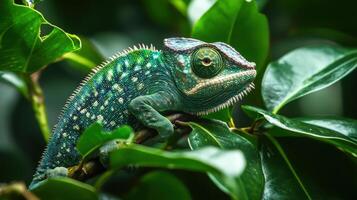 Close-up view of a vibrant green and blue chameleon. photo