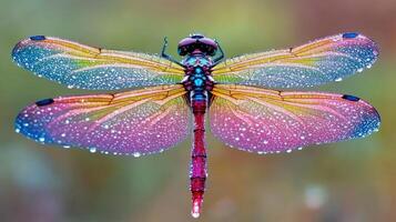 Vibrant dragonfly with iridescent wings and water droplets. photo