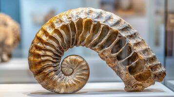 Ancient spiral fossil exhibit displayed indoors. photo