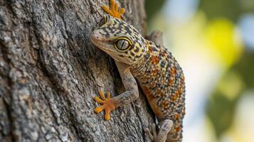 Close-up view of a patterned gecko clinging to tree bark. photo