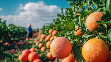 Abundant citrus fruit hanging from branches in orchard. photo