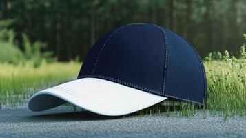 Navy blue baseball cap resting on grassy ground. photo