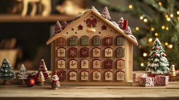 Wooden advent calendar house with festive decorations. photo