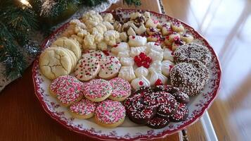 Assortment of holiday cookies on decorative platter. photo