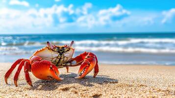 A vibrant crab on a sandy beach against a bright blue ocean. photo