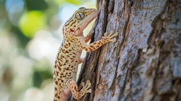 Close-up of a gecko on a tree trunk. photo
