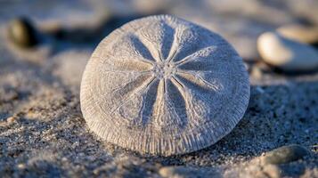 Close-up of a detailed seashell on sandy beach. photo
