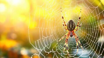 A spider in its intricate web bathed in golden sunlight. photo