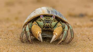 Close-up of a hermit crab on a sandy beach. photo