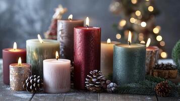 Festive collection of various colored cylindrical candles. photo
