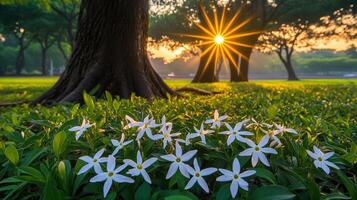 Sunny park scene with blooming flowers and trees. photo