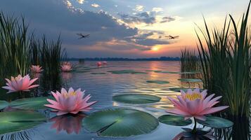 Serene sunset over a tranquil lake with water lilies. photo