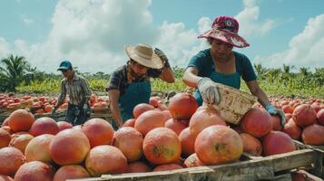 Workers harvesting plump, round fruits in a field. photo