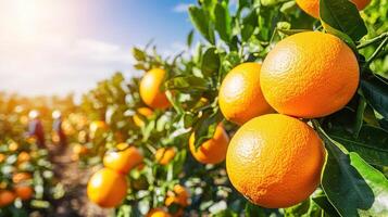 Ripe oranges hanging from branches in a citrus orchard. photo