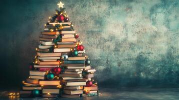 A creative christmas tree formed from stacked books. photo