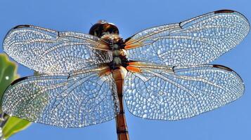 Detailed close-up of a dragonfly's translucent wings. photo