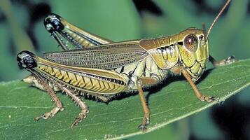 Close-up of a grasshopper on a green leaf. photo