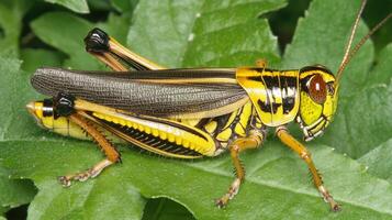 Close-up view of a vibrant yellow and black grasshopper. photo