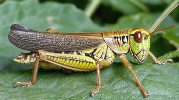Close-up view of a grasshopper on a green leaf. photo