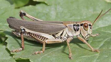 Close-up of a grasshopper resting on a leaf. photo