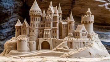 Impressive sandcastle structure resembling a grand medieval castle. photo