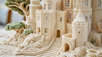 Detailed sandcastle structure of a fairytale castle. photo