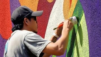Colorful mural applying vibrant hues to the wall. photo