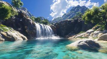 Picturesque mountain waterfall cascading into a tranquil pool. photo