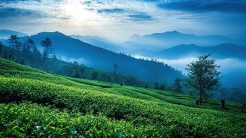 Lush tea plantation landscape at dawn with misty mountains. photo