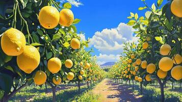 Lush citrus orchard, ripe lemons, sunlit path. photo