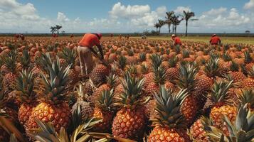 Tropical pineapple plantation workers harvesting a field. photo