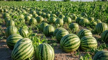 A vast field of ripe watermelons arranged in neat rows. photo