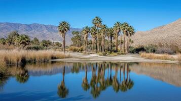 Tranquil palm trees reflected in a serene desert pond. photo
